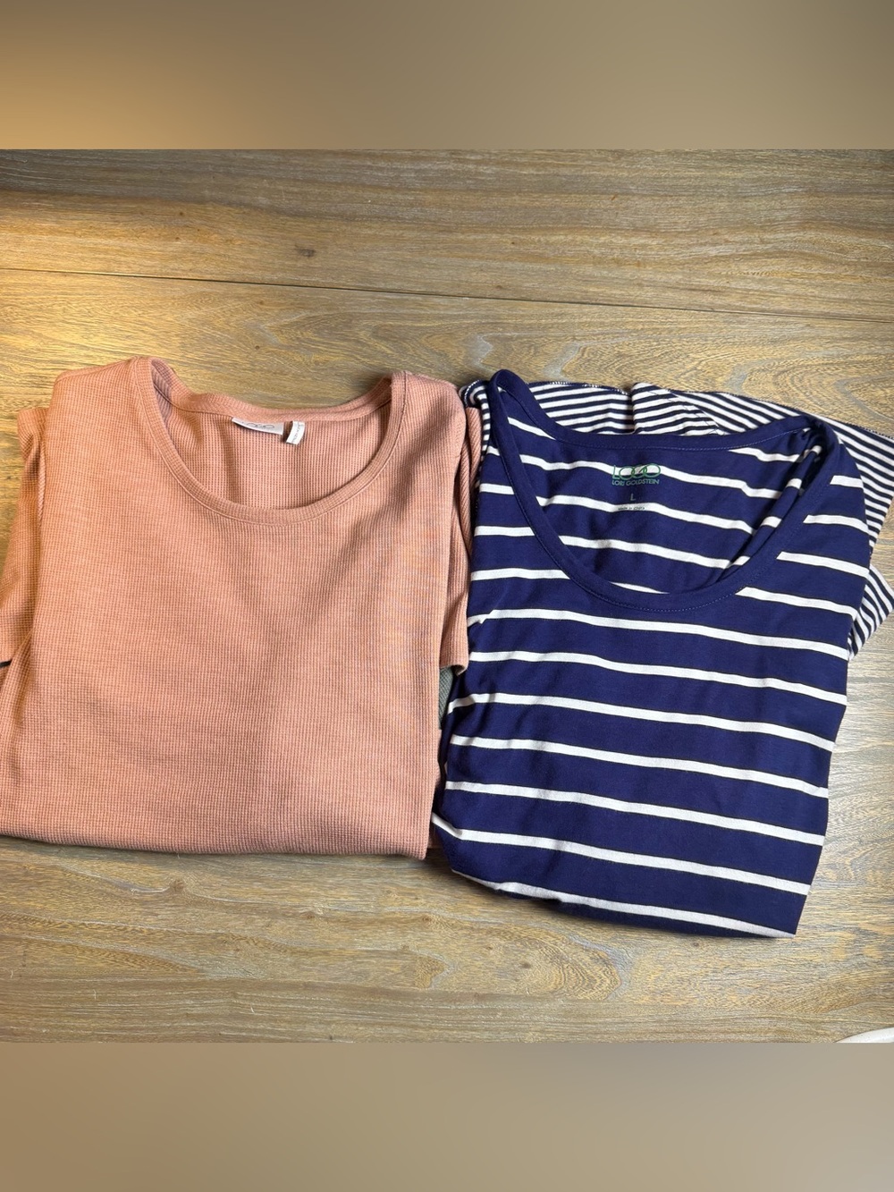 LOGO by Lori Goldstein Peach Ribbed Tee & Navy Striped Tee Set